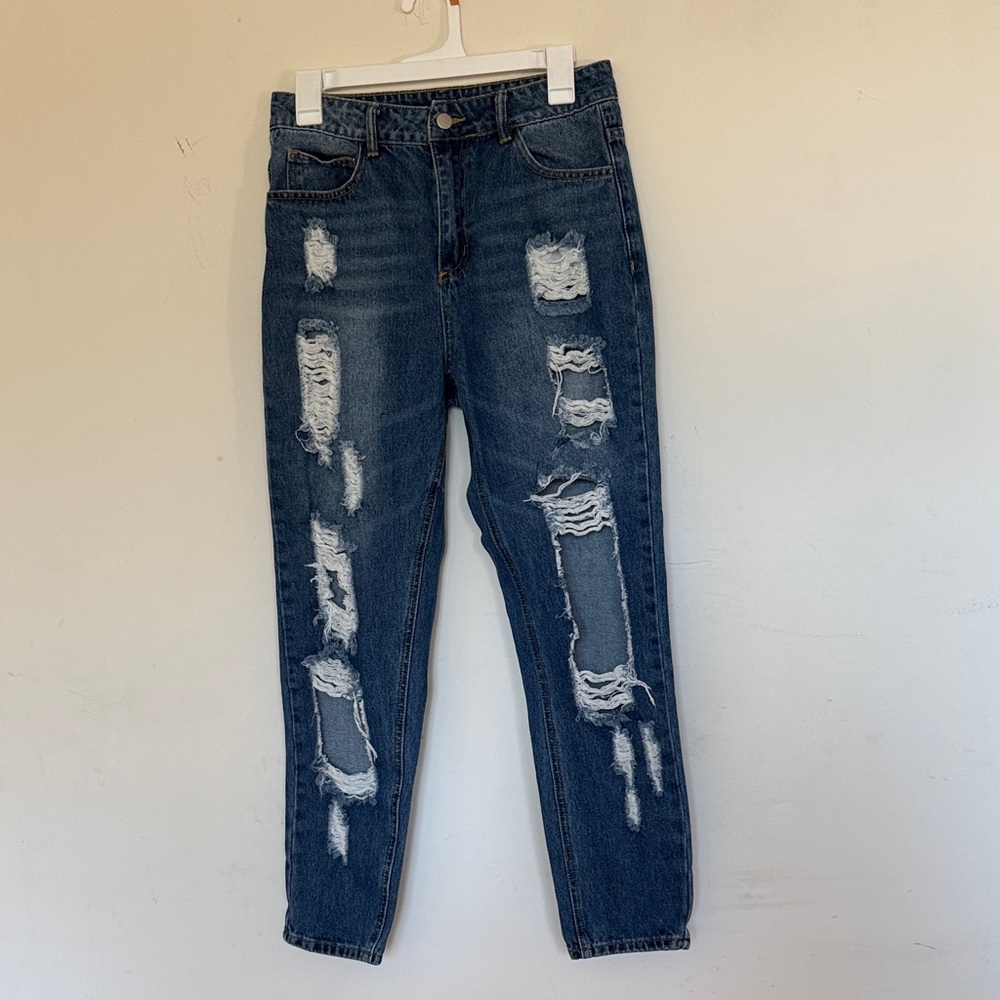 Fashion Nova Distressed Straight Leg Jeans - Blue